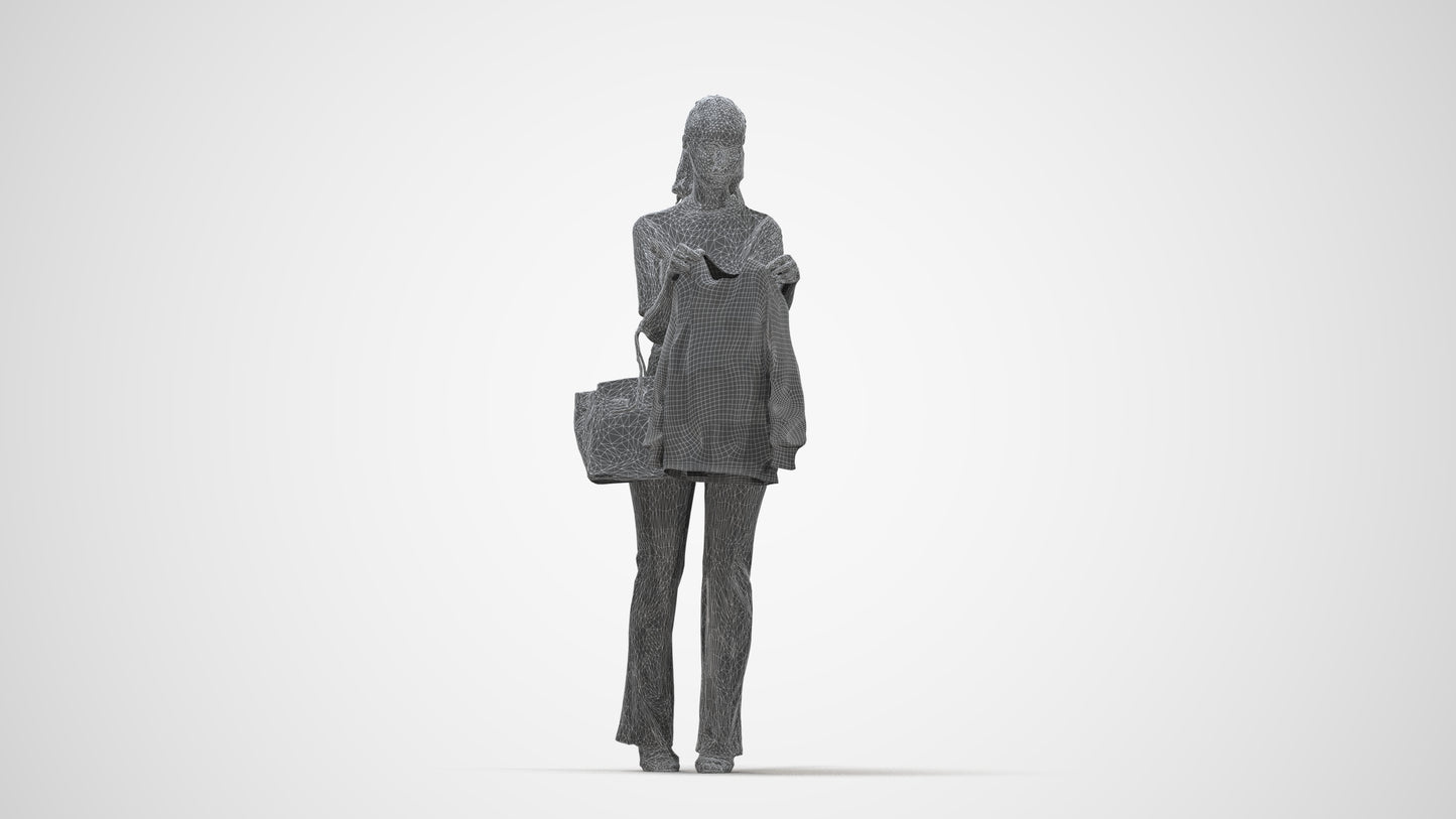 realistic 3D woman casual shopping, scanned archviz people for Blender and 3ds Max, wireframe back view