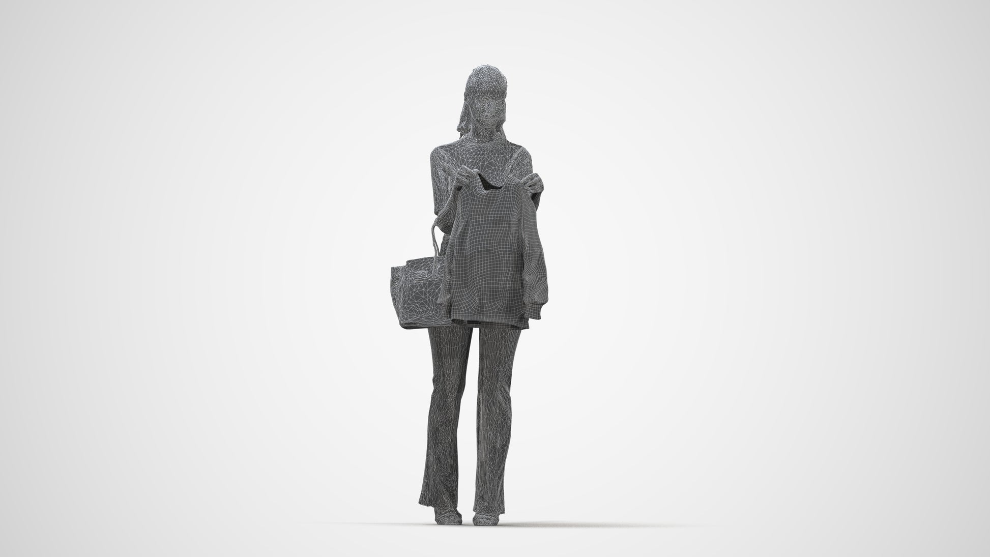 realistic 3D woman casual shopping, scanned archviz people for Blender and 3ds Max, wireframe back view