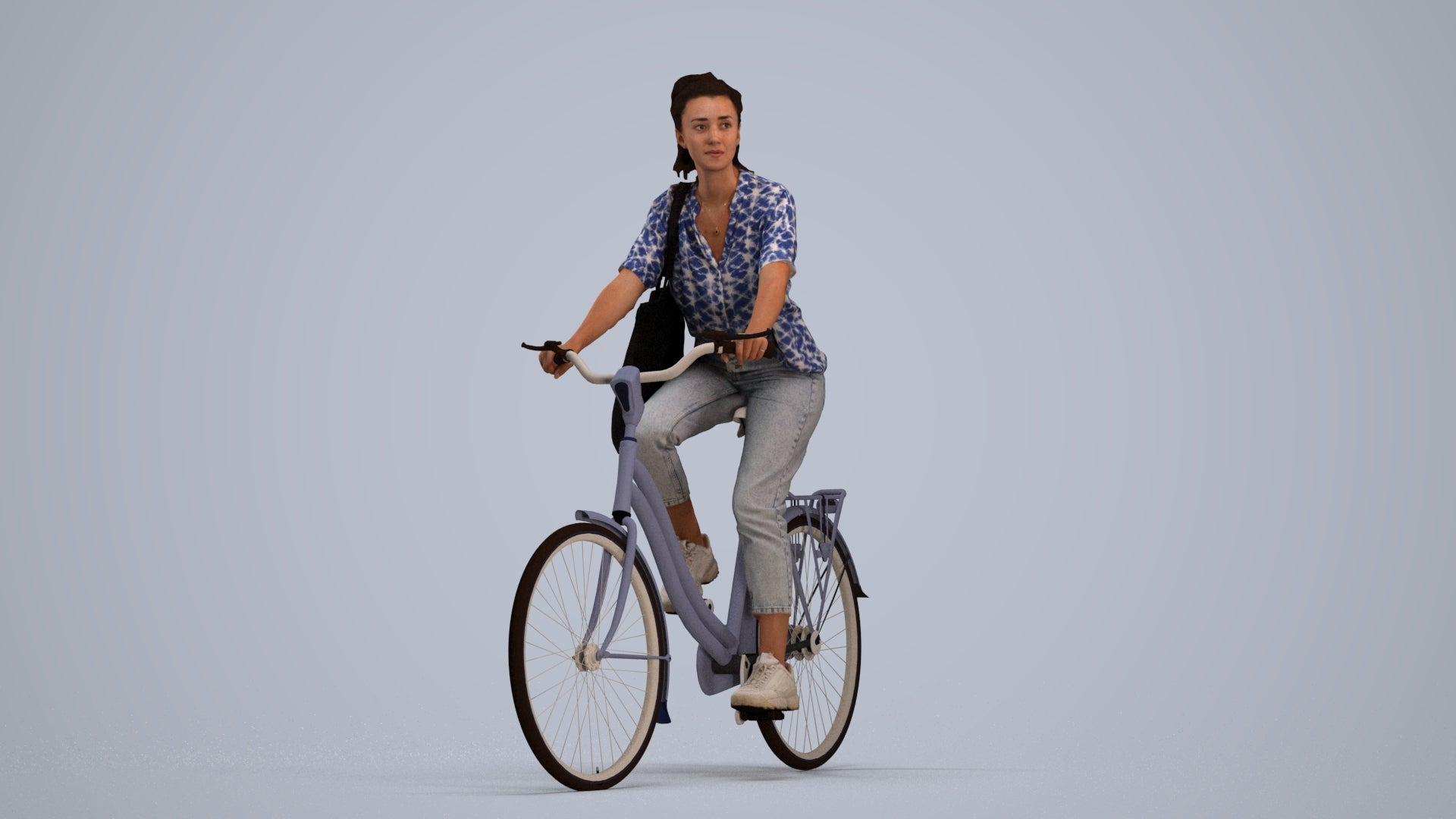 3D human model woman casual cycling, photogrammetry scanned person for archviz, standing pose render
