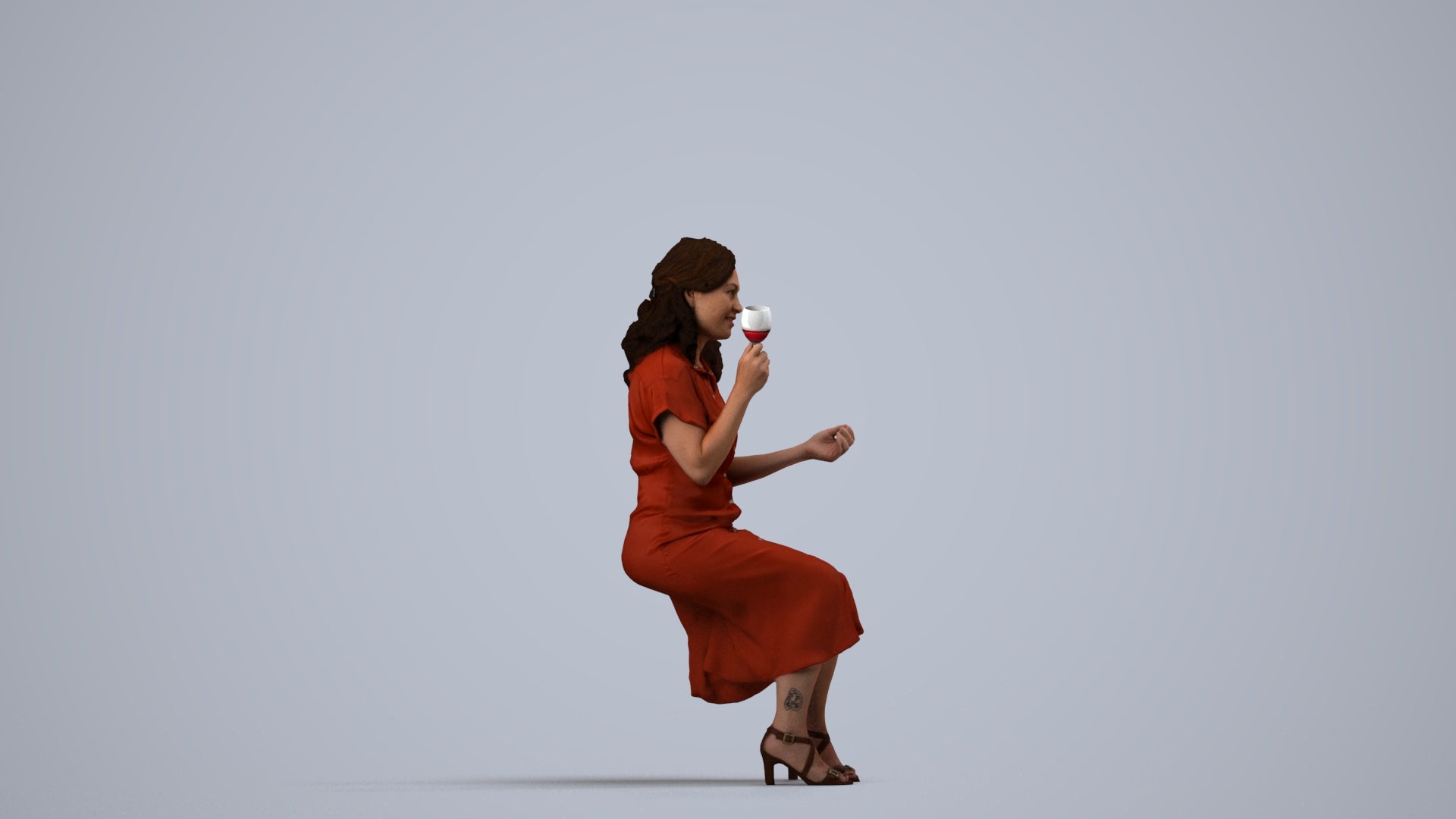 3D human model woman casual sitting, photogrammetry scanned person for archviz, side view render