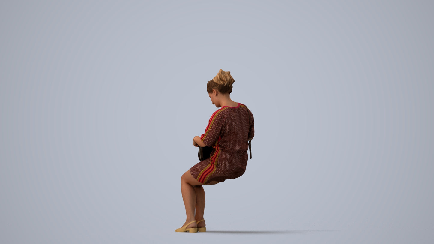 3D scanned woman sitting casual, photorealistic archviz people for Enscape and SketchUp, three-quarter view render
