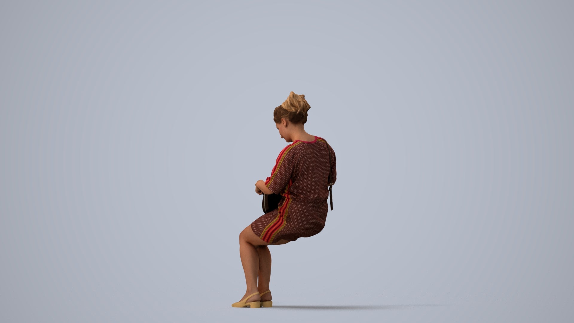 3D scanned woman sitting casual, photorealistic archviz people for Enscape and SketchUp, three-quarter view render