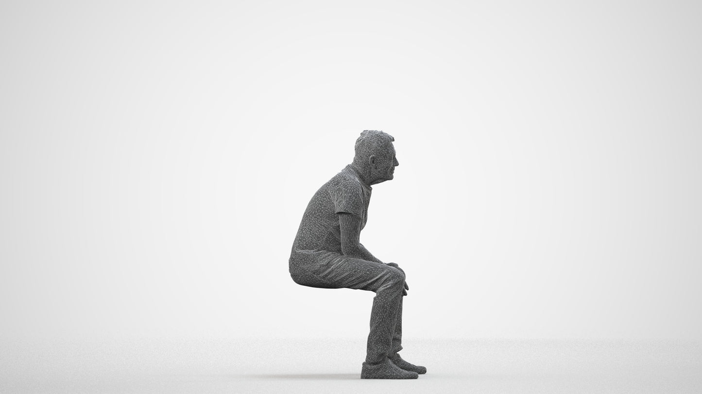 3D scanned senior man sitting casual, photorealistic archviz people for Enscape and SketchUp, wireframe side view