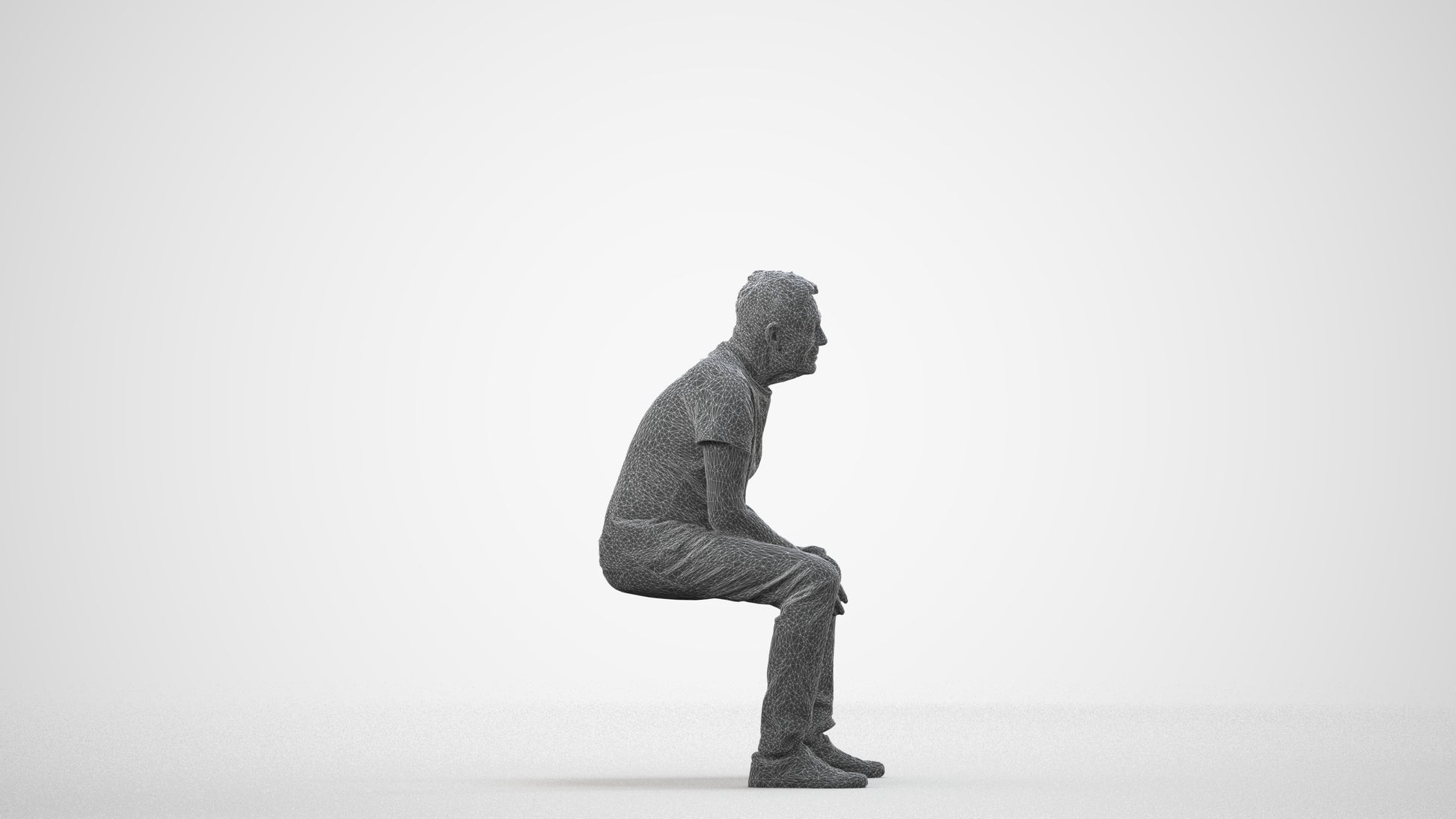 3D scanned senior man sitting casual, photorealistic archviz people for Enscape and SketchUp, wireframe side view