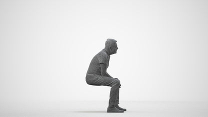 3D scanned senior man sitting casual, photorealistic archviz people for Enscape and SketchUp, wireframe side view