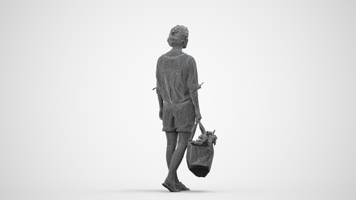3D scanned woman shopping casual, photorealistic archviz people for Enscape and SketchUp, wireframe side view