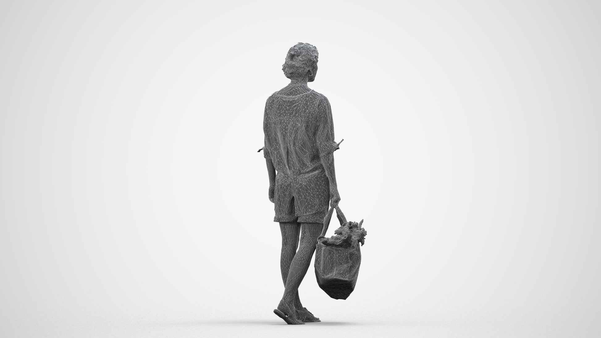 3D scanned woman shopping casual, photorealistic archviz people for Enscape and SketchUp, wireframe side view