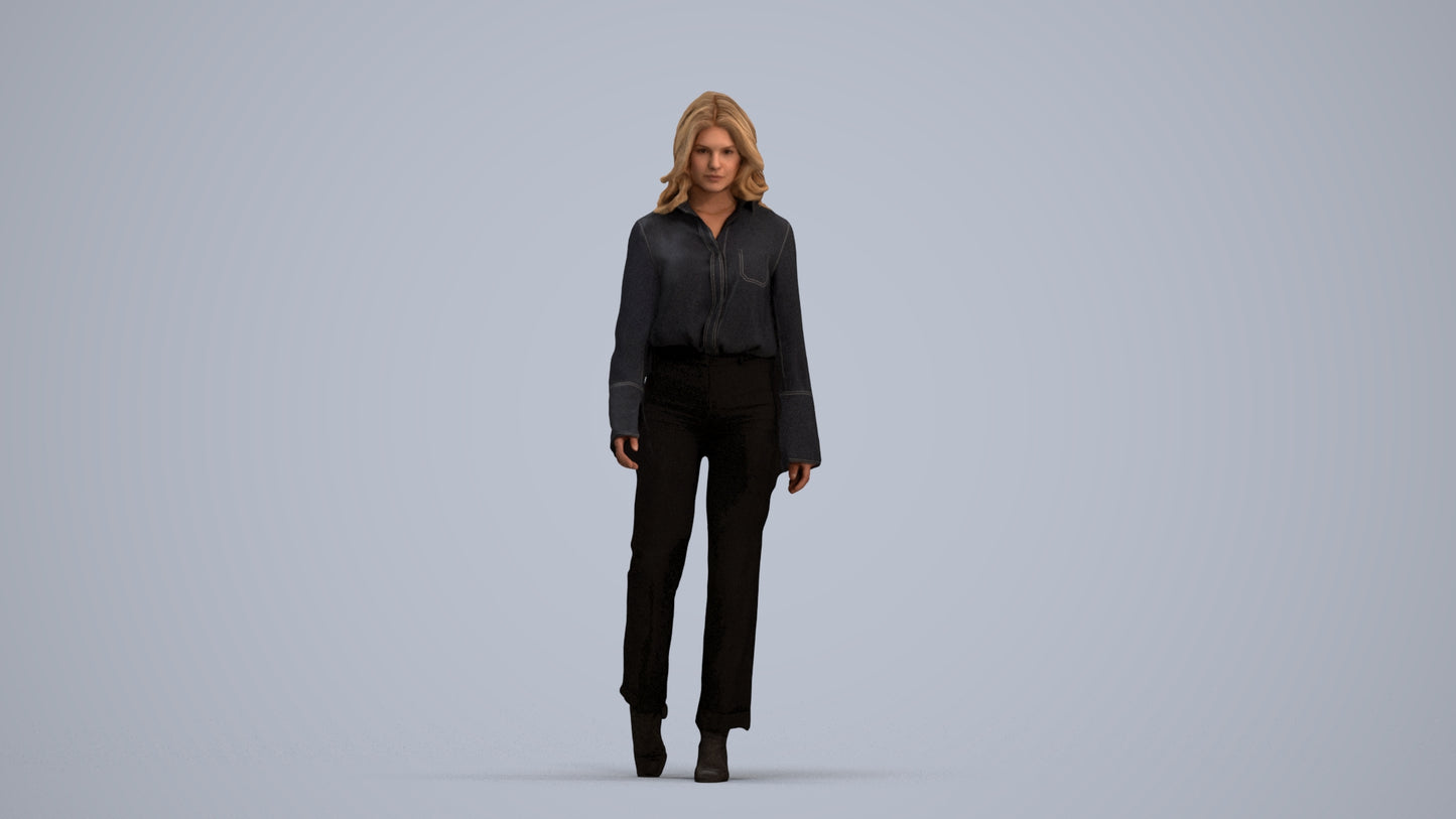 3D scanned woman walking business, photorealistic archviz people for Enscape and SketchUp, standing pose render