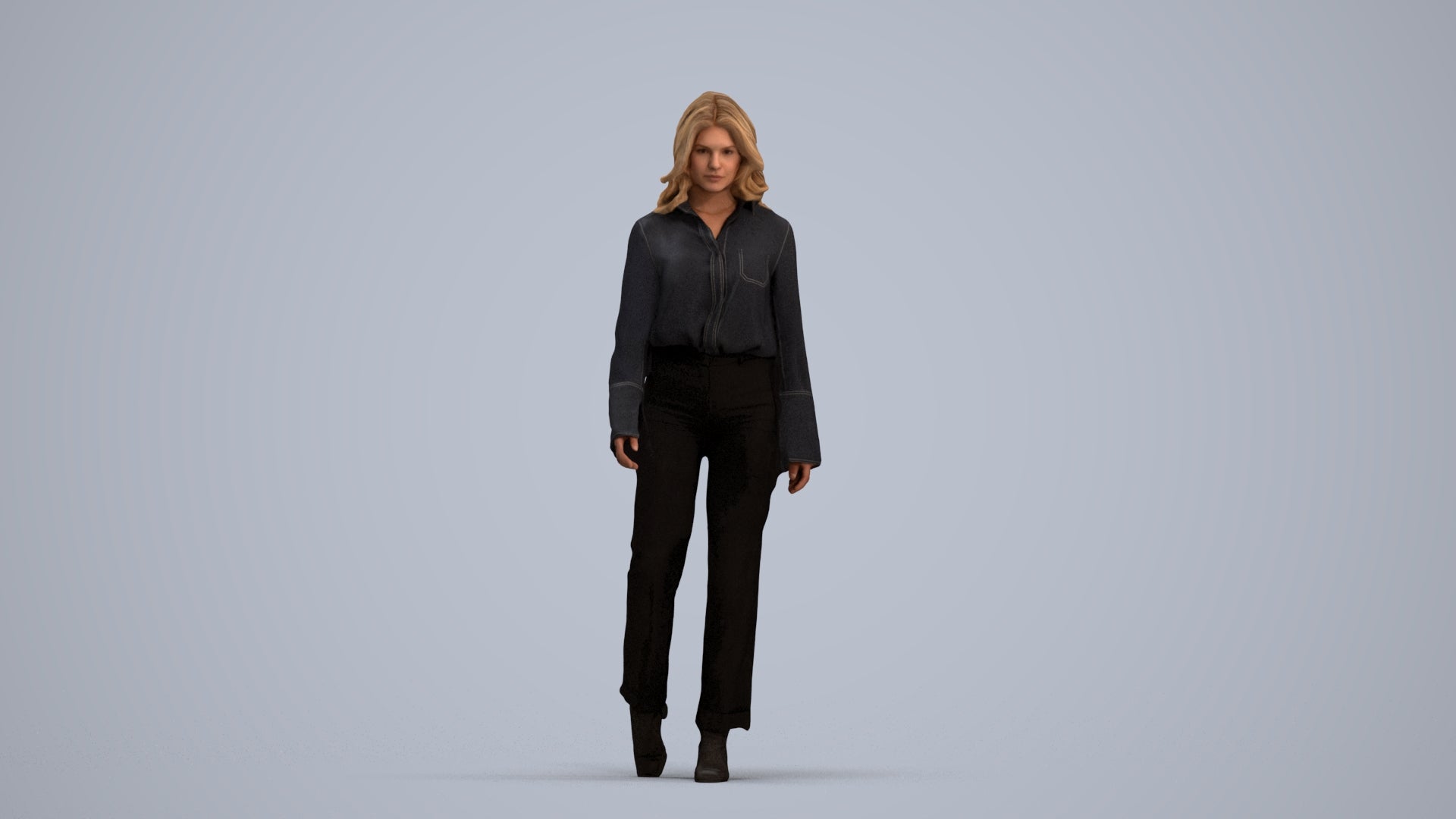 3D scanned woman walking business, photorealistic archviz people for Enscape and SketchUp, standing pose render