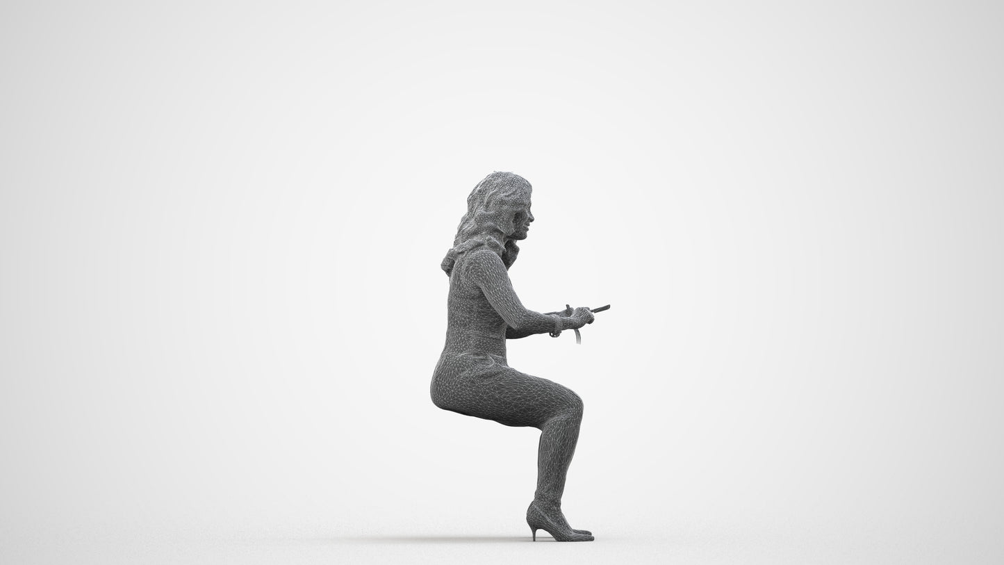 3D human model woman casual sitting, photogrammetry scanned person for archviz, wireframe side view