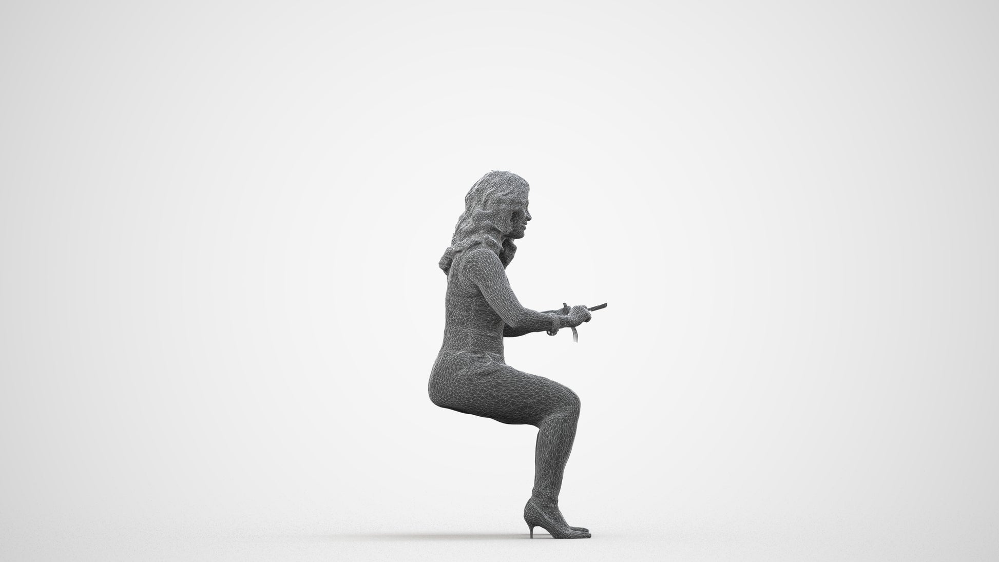 3D human model woman casual sitting, photogrammetry scanned person for archviz, wireframe side view