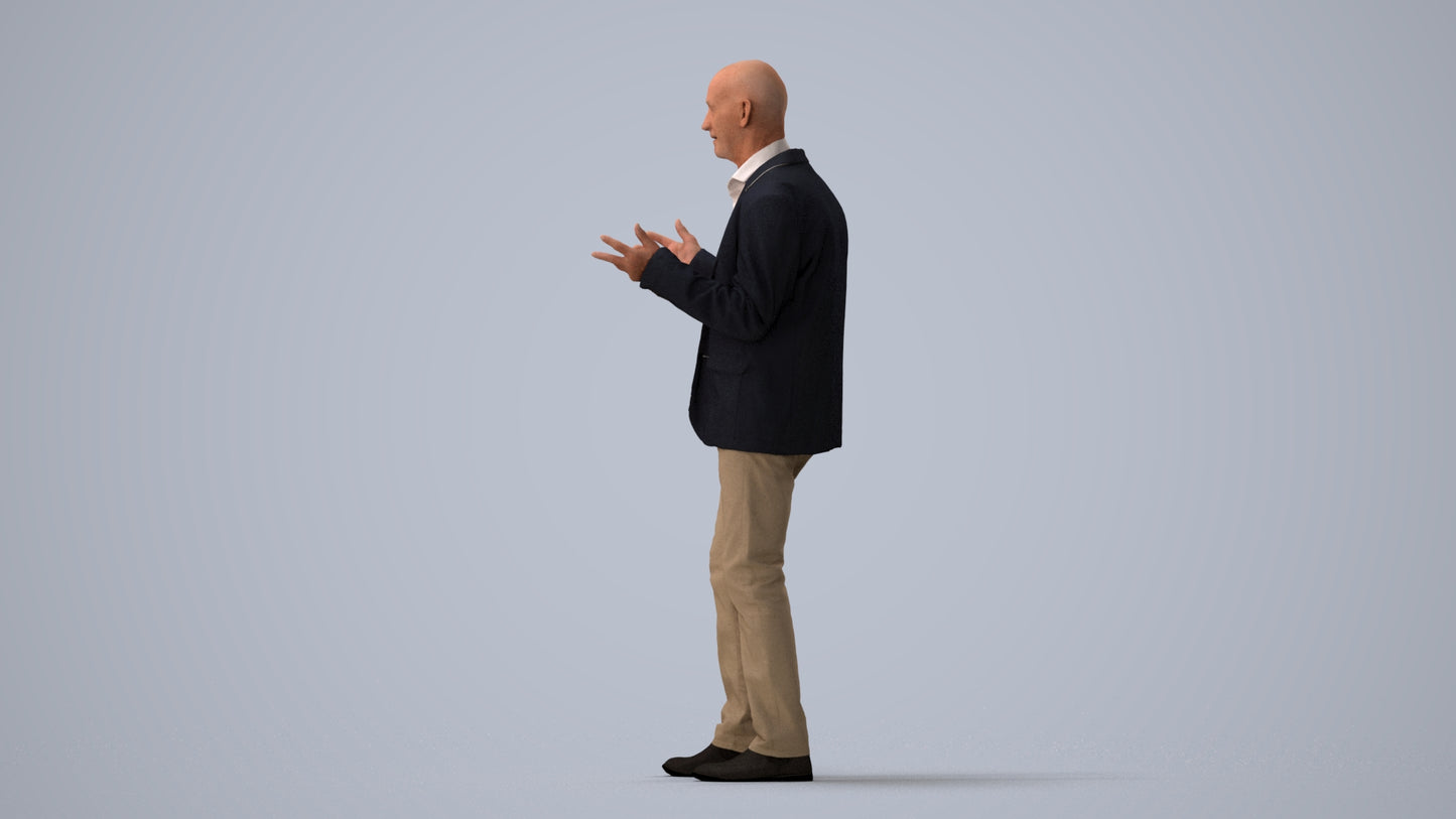 3D scanned senior man business, photorealistic archviz people for Enscape and SketchUp, three-quarter view render