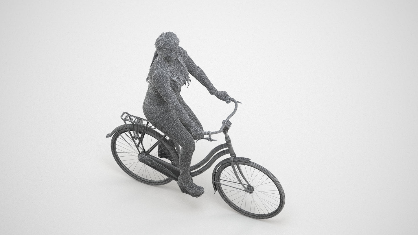 3D human model woman casual cycling, photogrammetry scanned person for archviz, wireframe three-quarter view