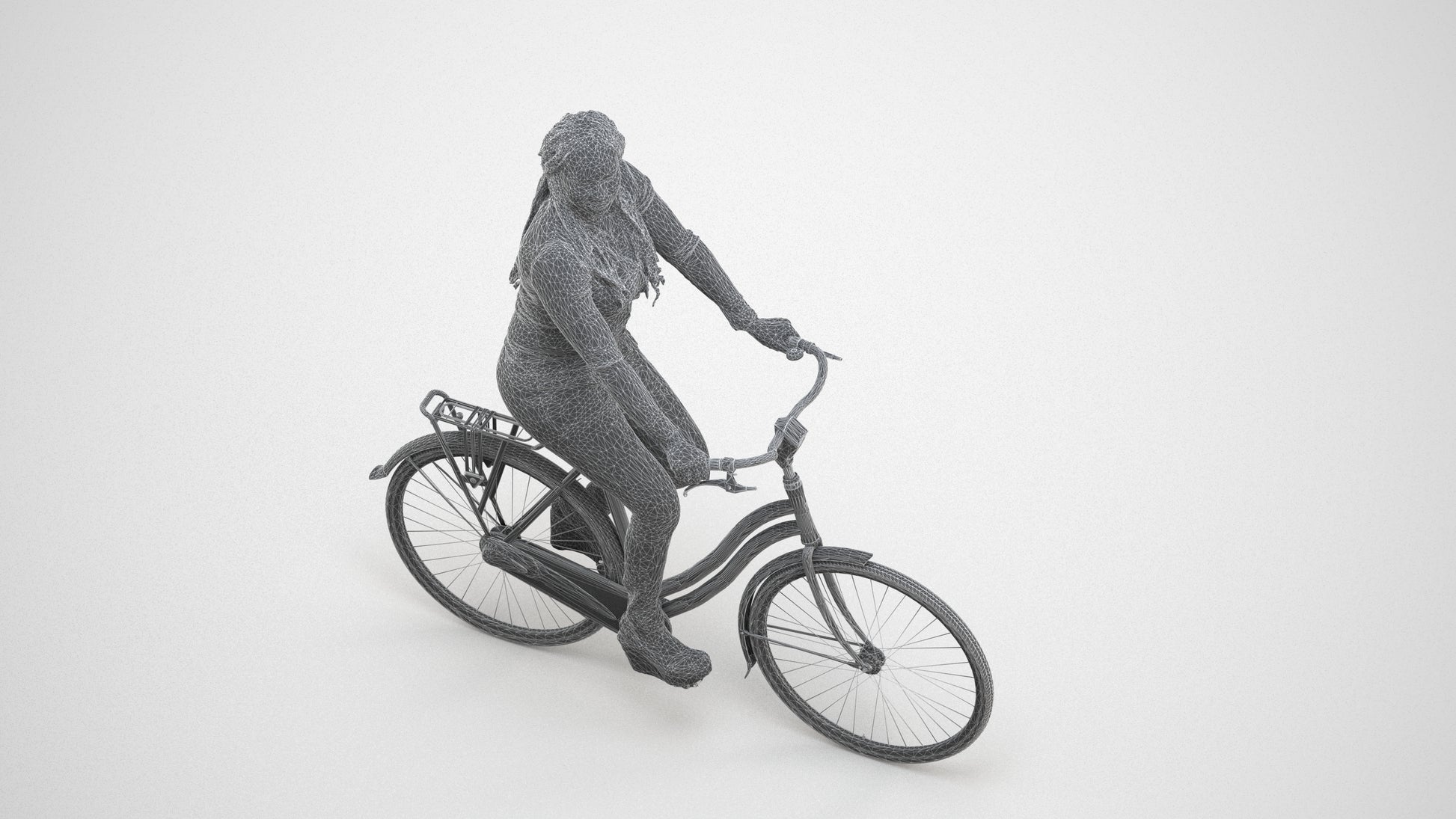 3D human model woman casual cycling, photogrammetry scanned person for archviz, wireframe three-quarter view