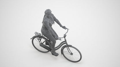 3D human model woman casual cycling, photogrammetry scanned person for archviz, wireframe three-quarter view