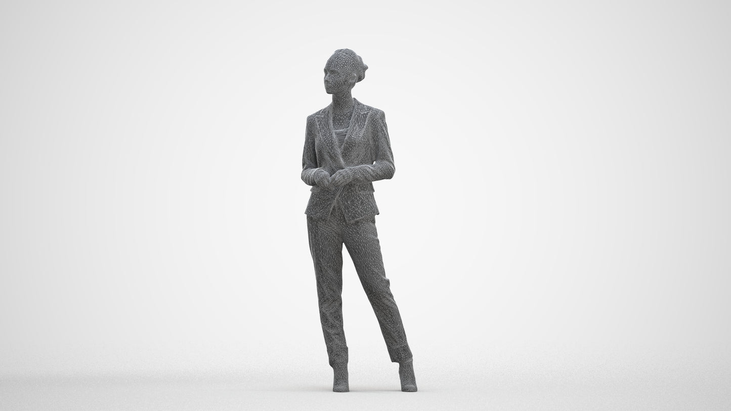 realistic 3D human woman business standing, archviz people FBX OBJ for Blender, three-quarter front view render