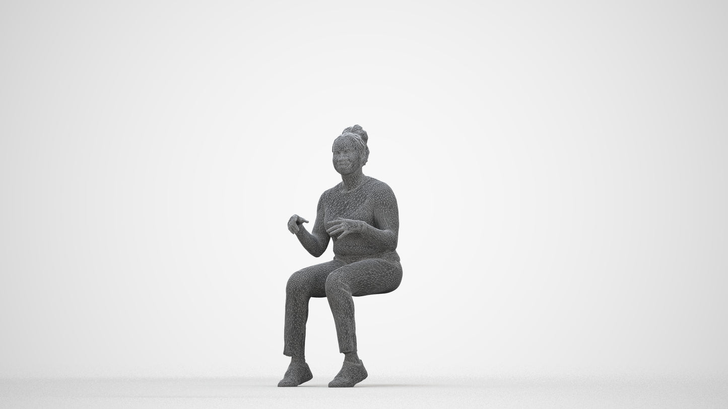 scanned 3D woman casual sitting, photogrammetry people for Enscape and V-Ray, wireframe back view