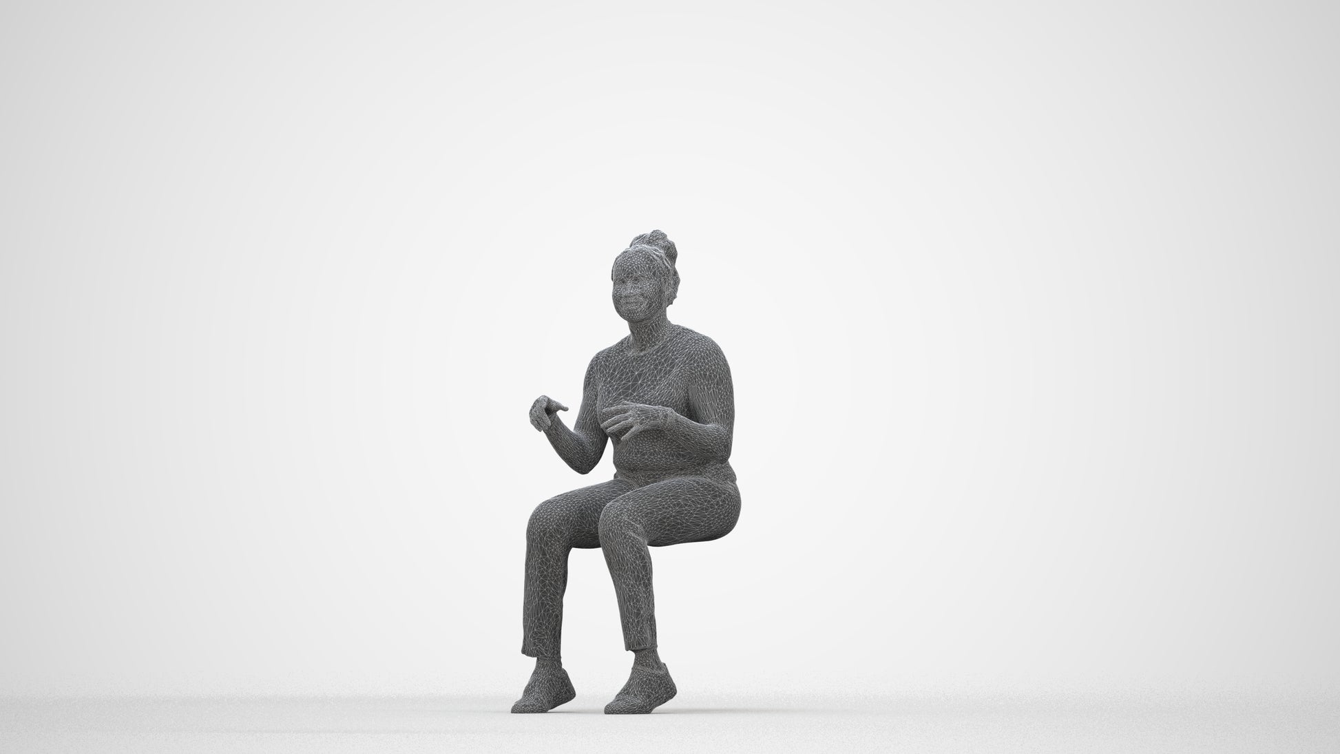 scanned 3D woman casual sitting, photogrammetry people for Enscape and V-Ray, wireframe back view