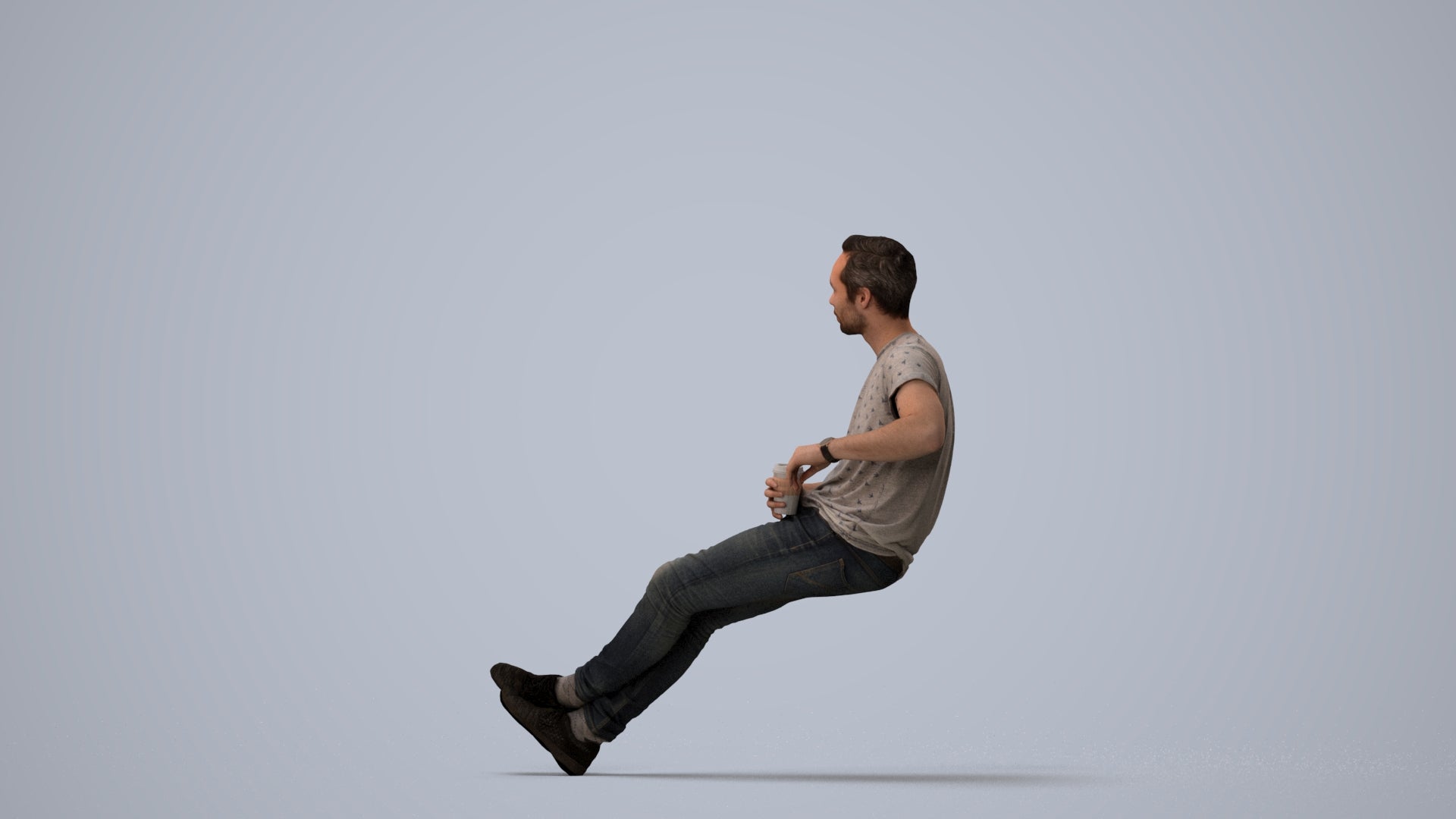 3D people model man casual sitting, scanned human for 3ds Max rendering, three-quarter view render