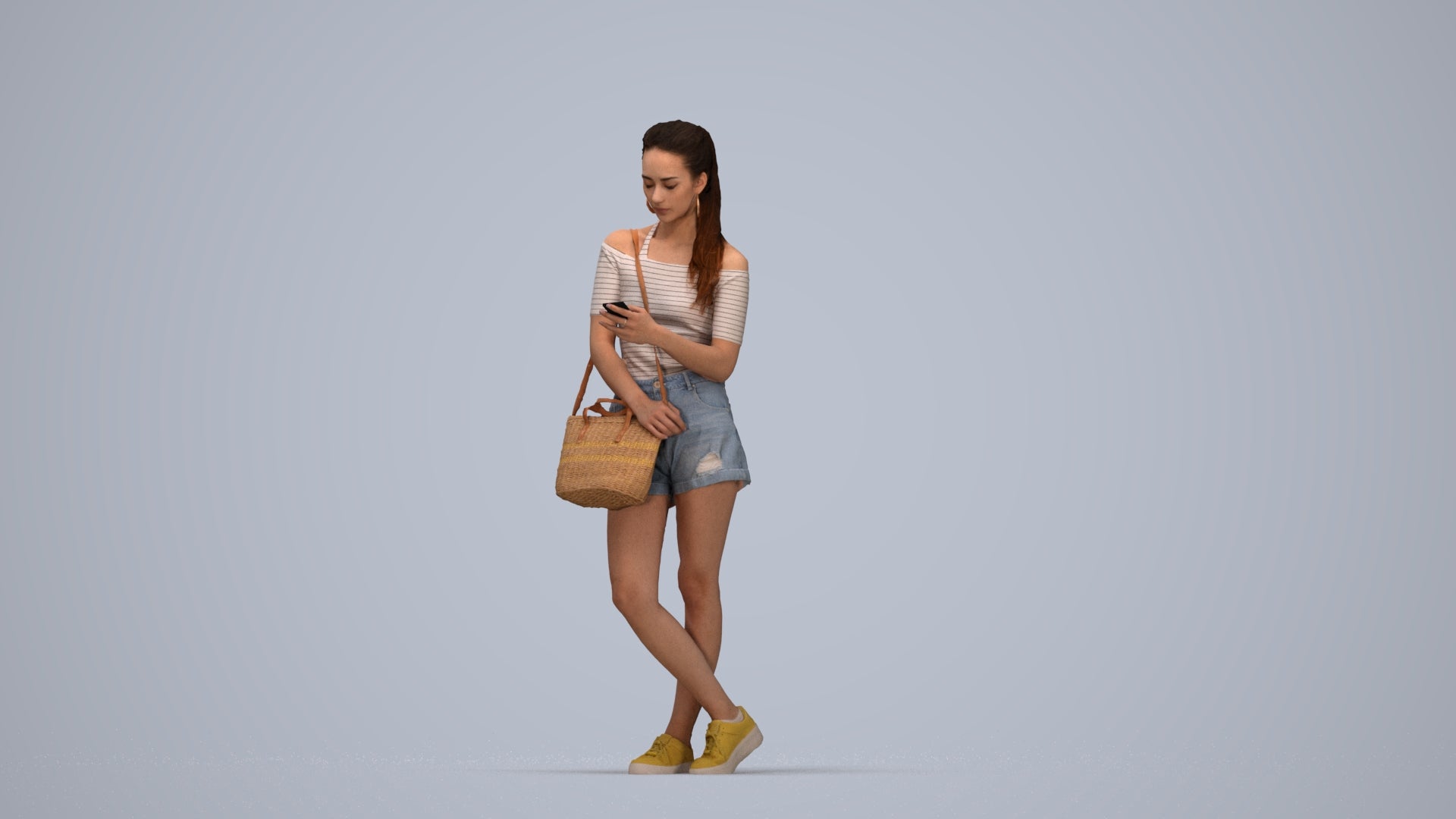 photogrammetry 3D woman casual standing, realistic human model archviz FBX, top-down view render