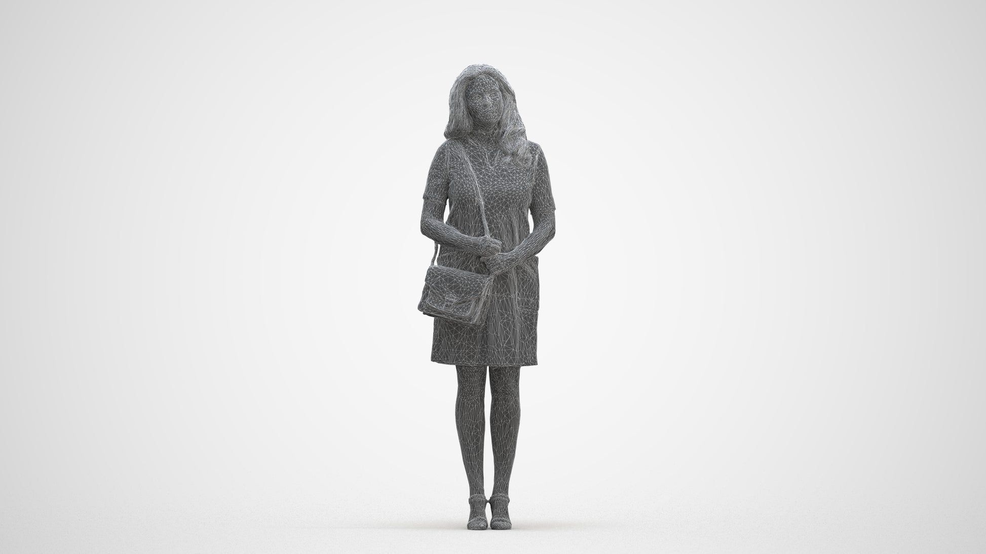realistic 3D woman business standing, scanned archviz people for Blender and 3ds Max, three-quarter front view render