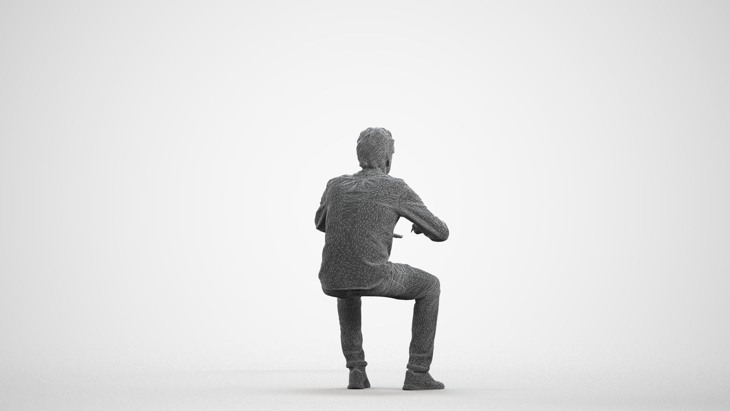 3D people model man casual sitting, scanned human for 3ds Max rendering, wireframe front view