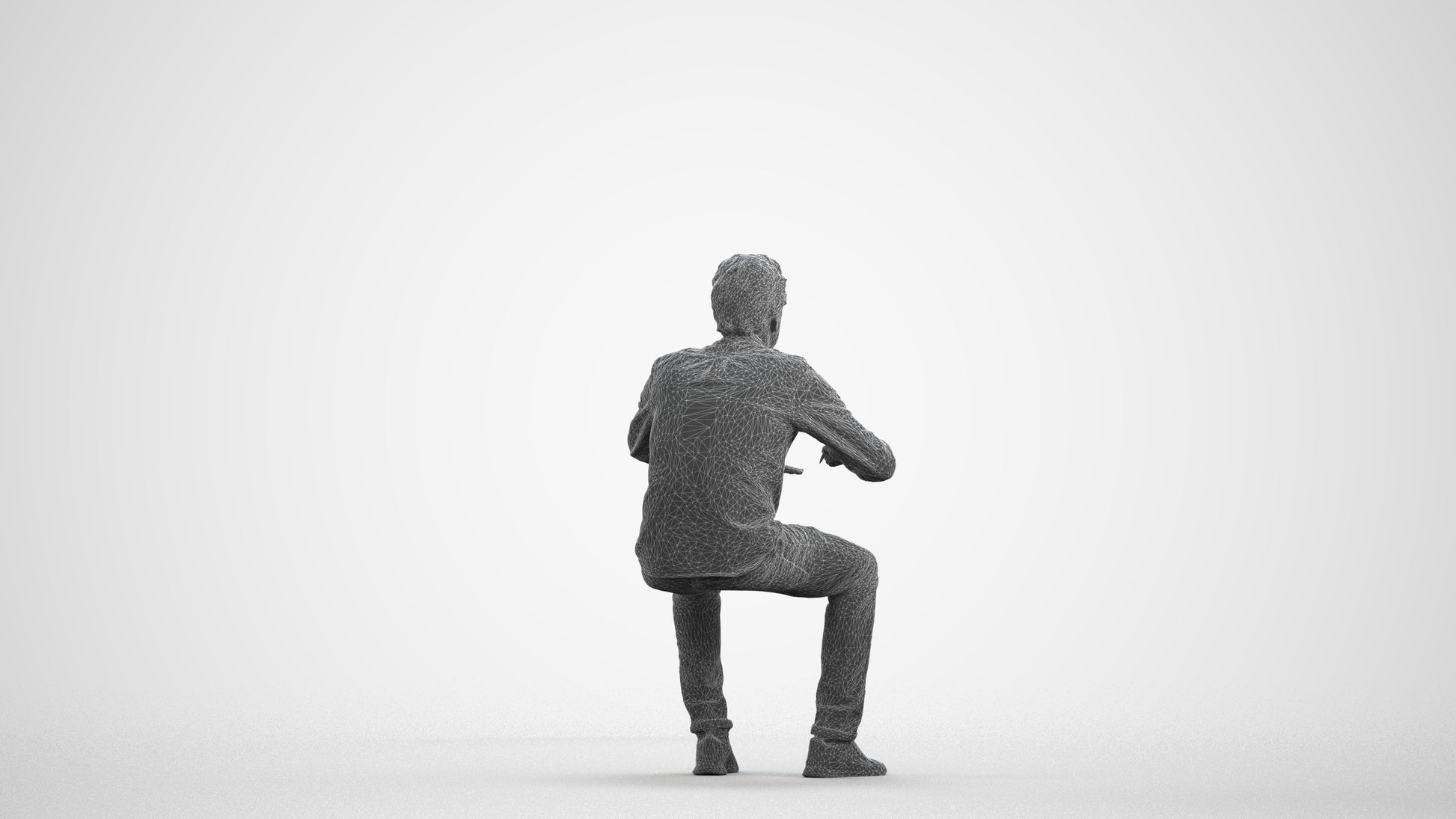 3D people model man casual sitting, scanned human for 3ds Max rendering, wireframe front view