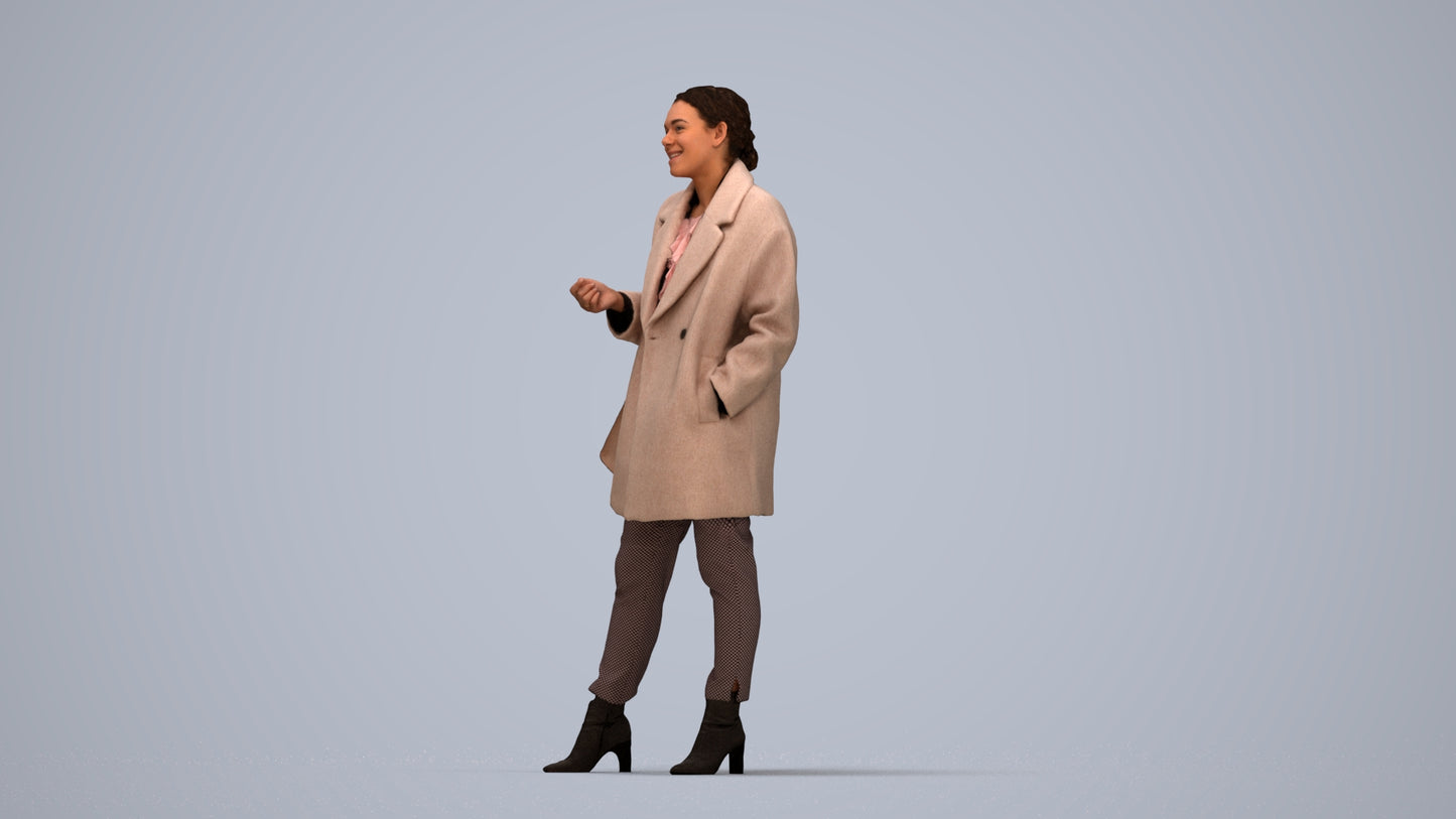 3D human model woman business standing, photogrammetry scanned person for archviz, top-down view render
