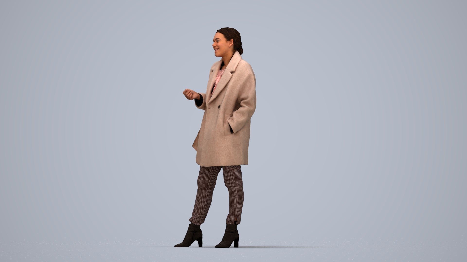 3D human model woman business standing, photogrammetry scanned person for archviz, top-down view render