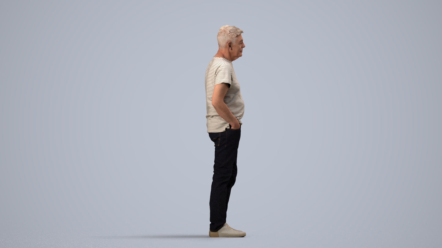 3D human model senior man casual standing, photogrammetry scanned person for archviz, side view render