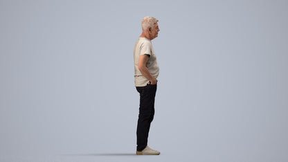 3D human model senior man casual standing, photogrammetry scanned person for archviz, side view render