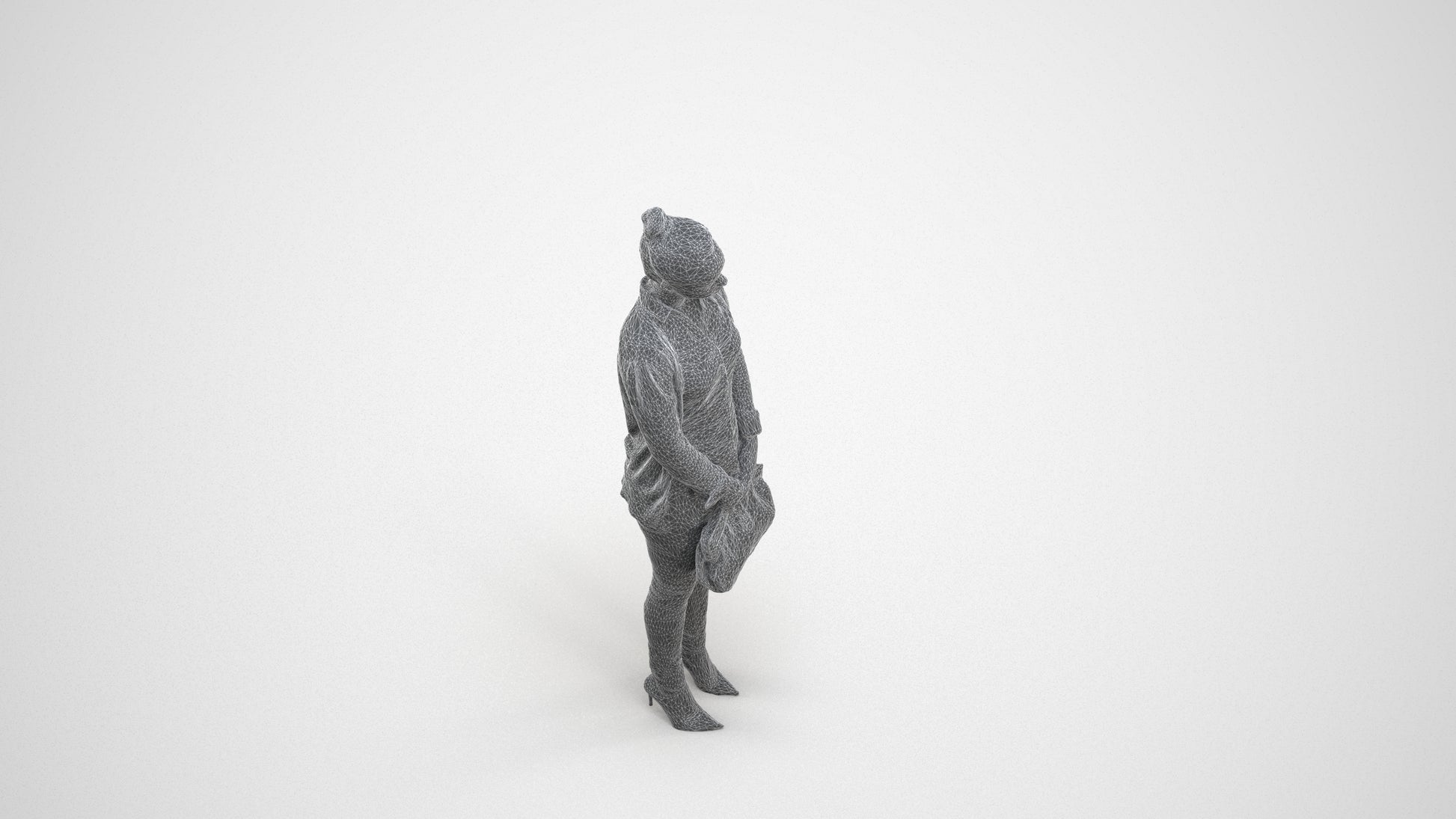 3D human model woman business standing, photogrammetry scanned person for archviz, wireframe three-quarter view