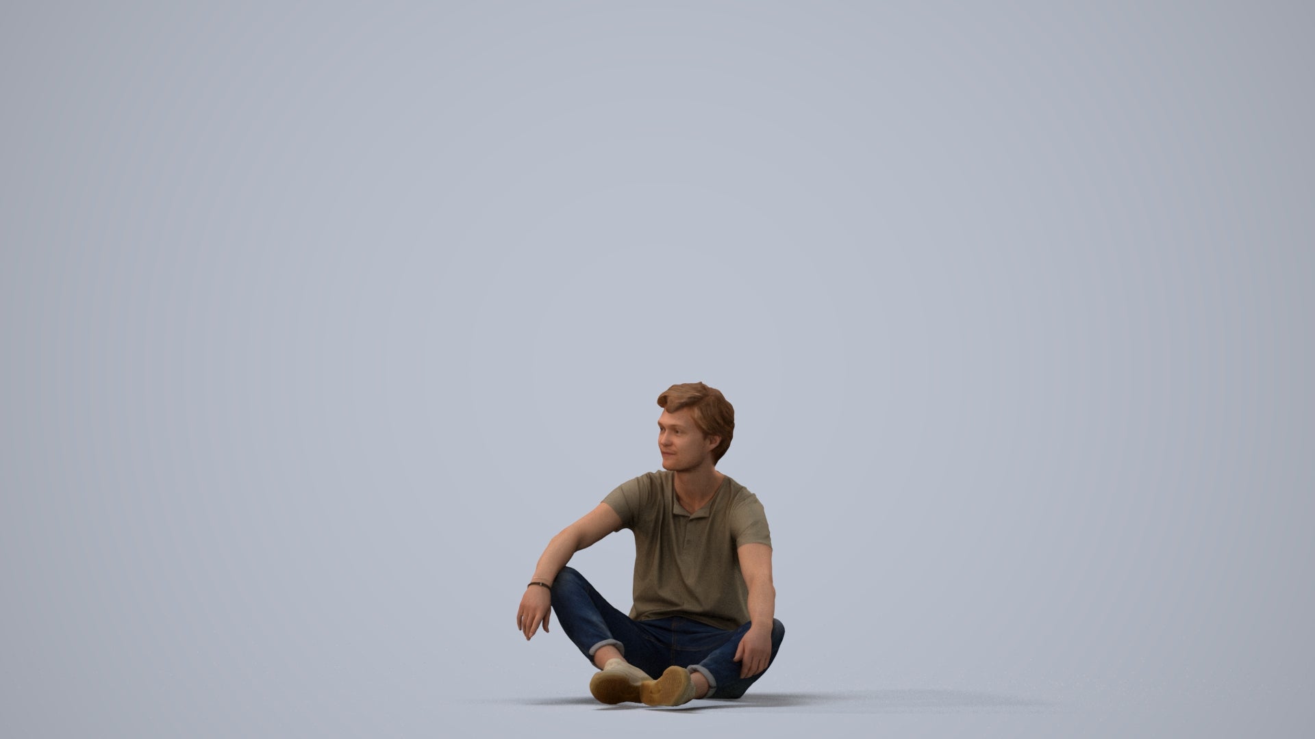 3D scanned man sitting casual, photorealistic archviz people for Enscape and SketchUp, three-quarter view render