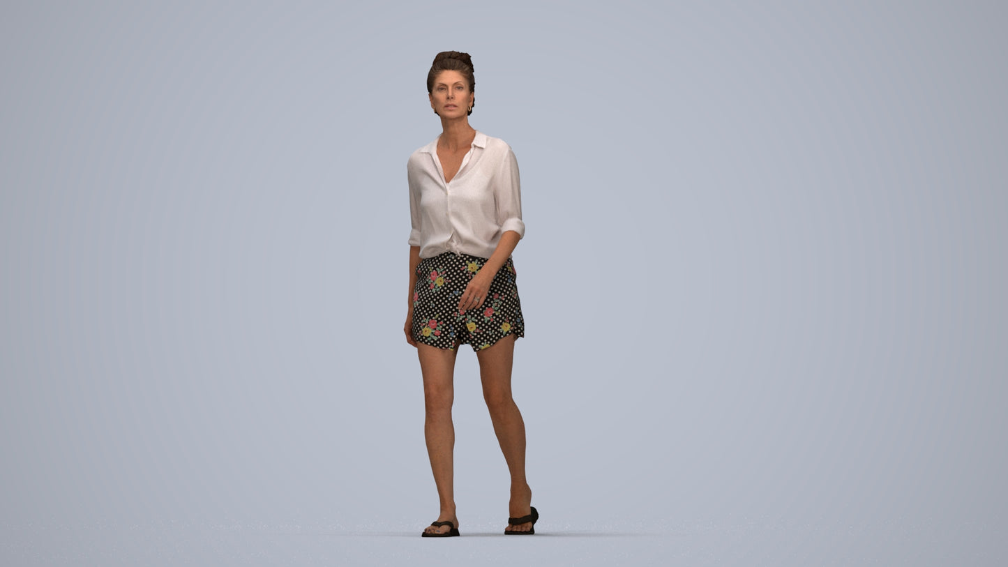 3D human model woman casual standing, photogrammetry scanned person for archviz, top-down view render