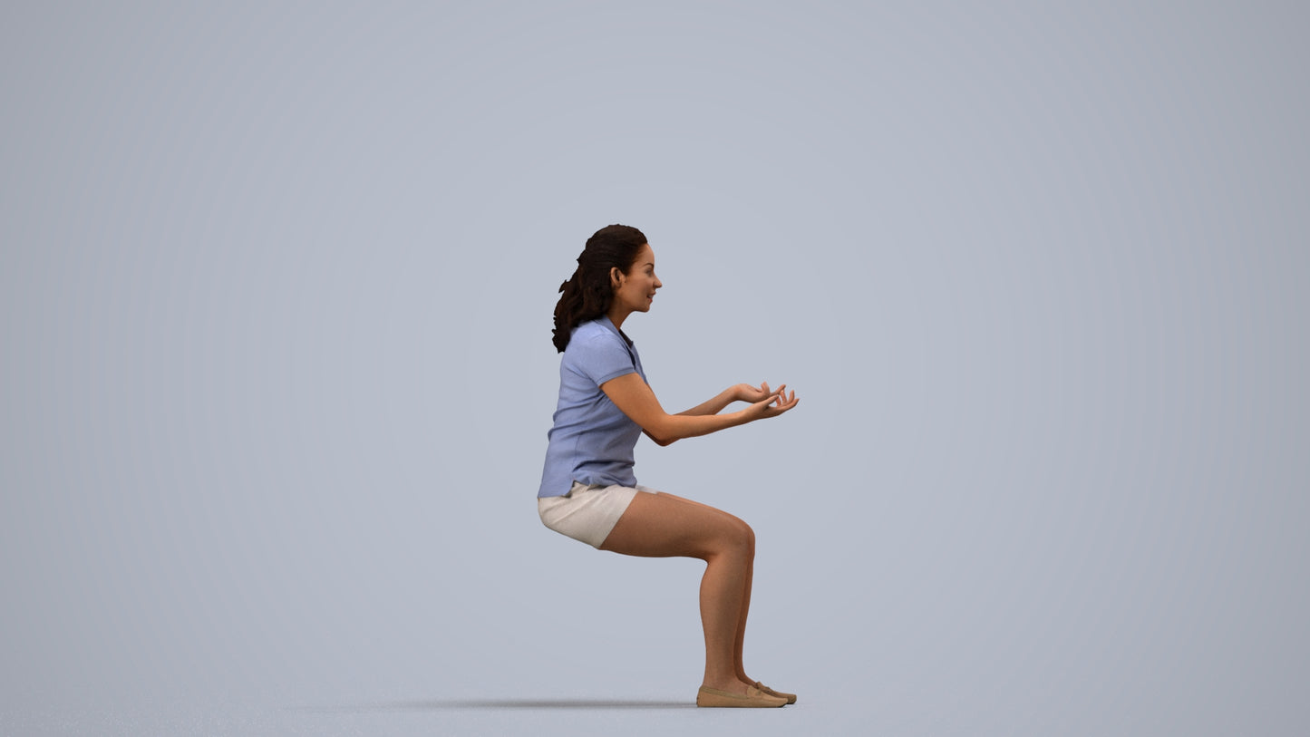 3D human model woman casual sitting, photogrammetry scanned person for archviz, side view render