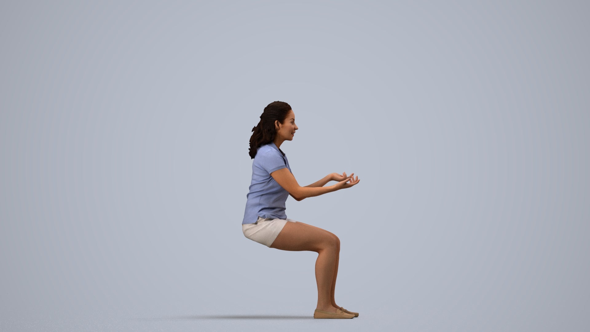 3D human model woman casual sitting, photogrammetry scanned person for archviz, side view render