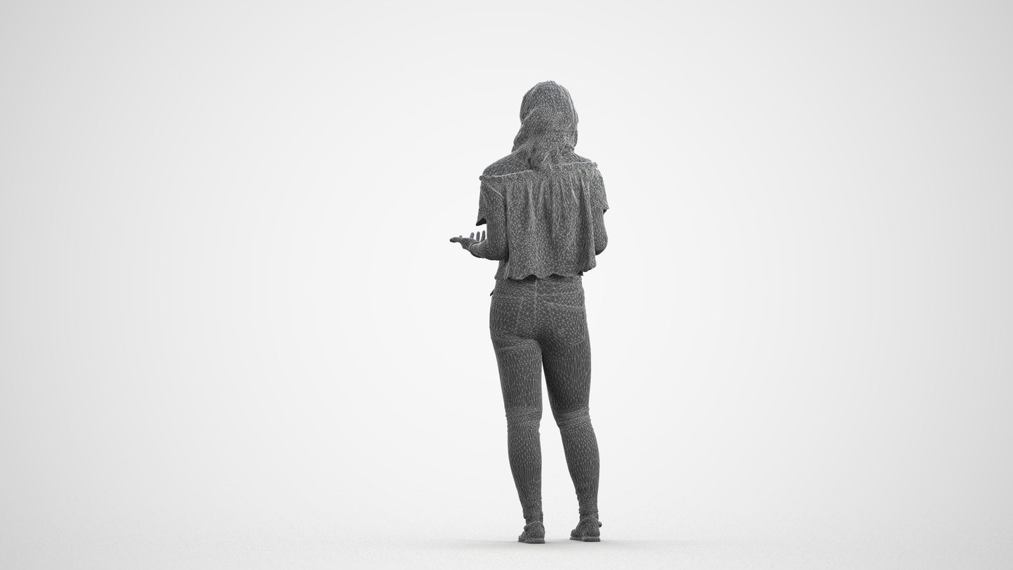 realistic 3D human woman casual standing, archviz people FBX OBJ for Blender, wireframe front view