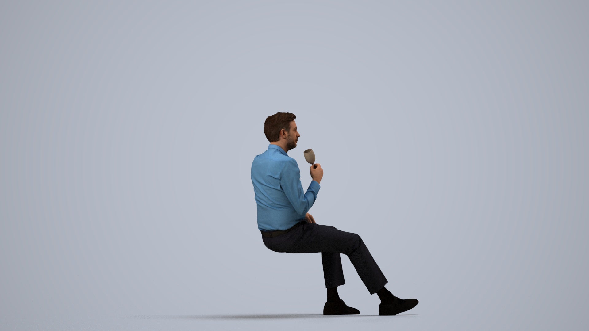 3D human model man business sitting, photogrammetry scanned person for archviz, side view render