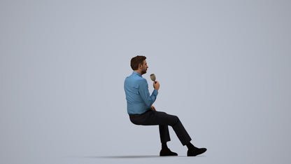 3D human model man business sitting, photogrammetry scanned person for archviz, side view render