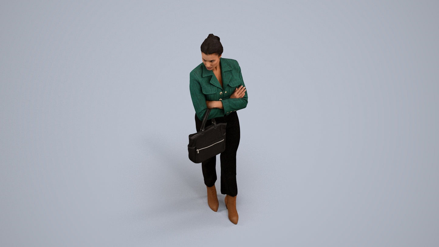 3D human model woman business standing, photogrammetry scanned person for archviz, back view render