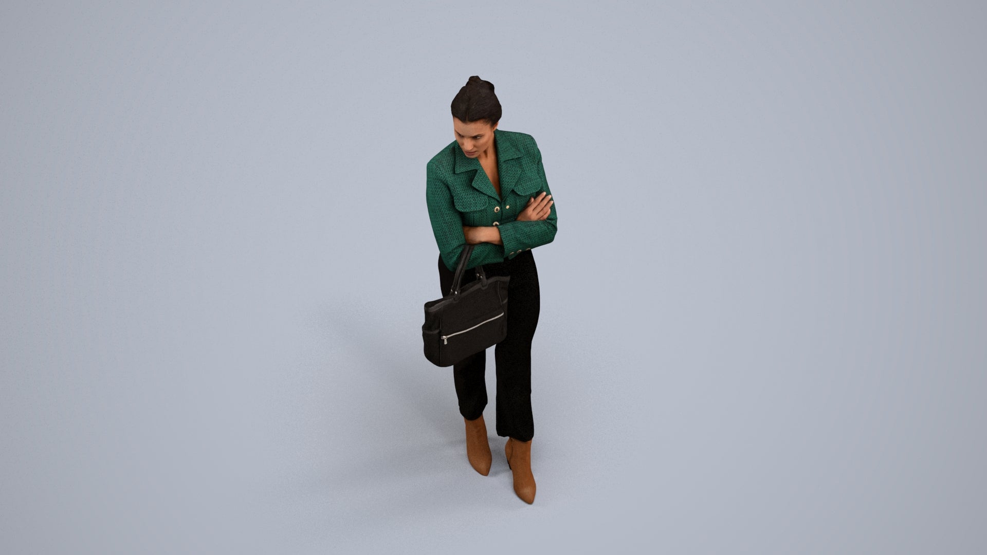 3D human model woman business standing, photogrammetry scanned person for archviz, back view render