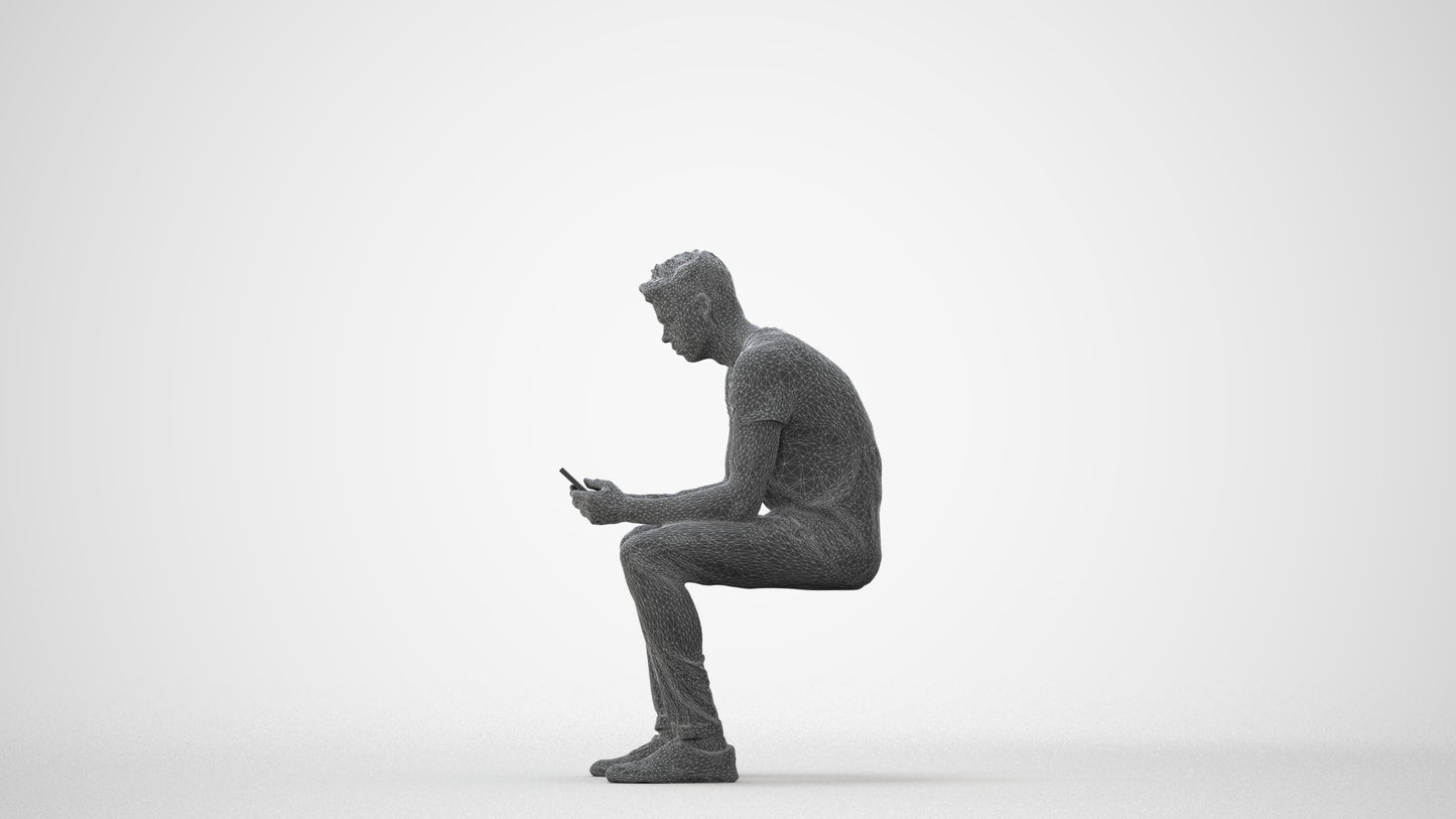3D scanned man sitting casual, photorealistic archviz people for Enscape and SketchUp, square thumbnail