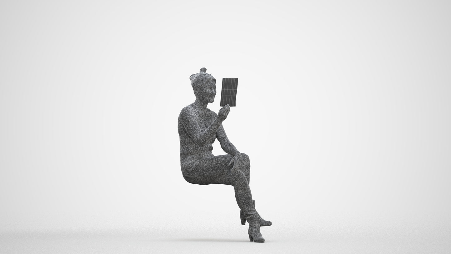 3D scanned senior woman sitting casual, photorealistic archviz people for Enscape and SketchUp