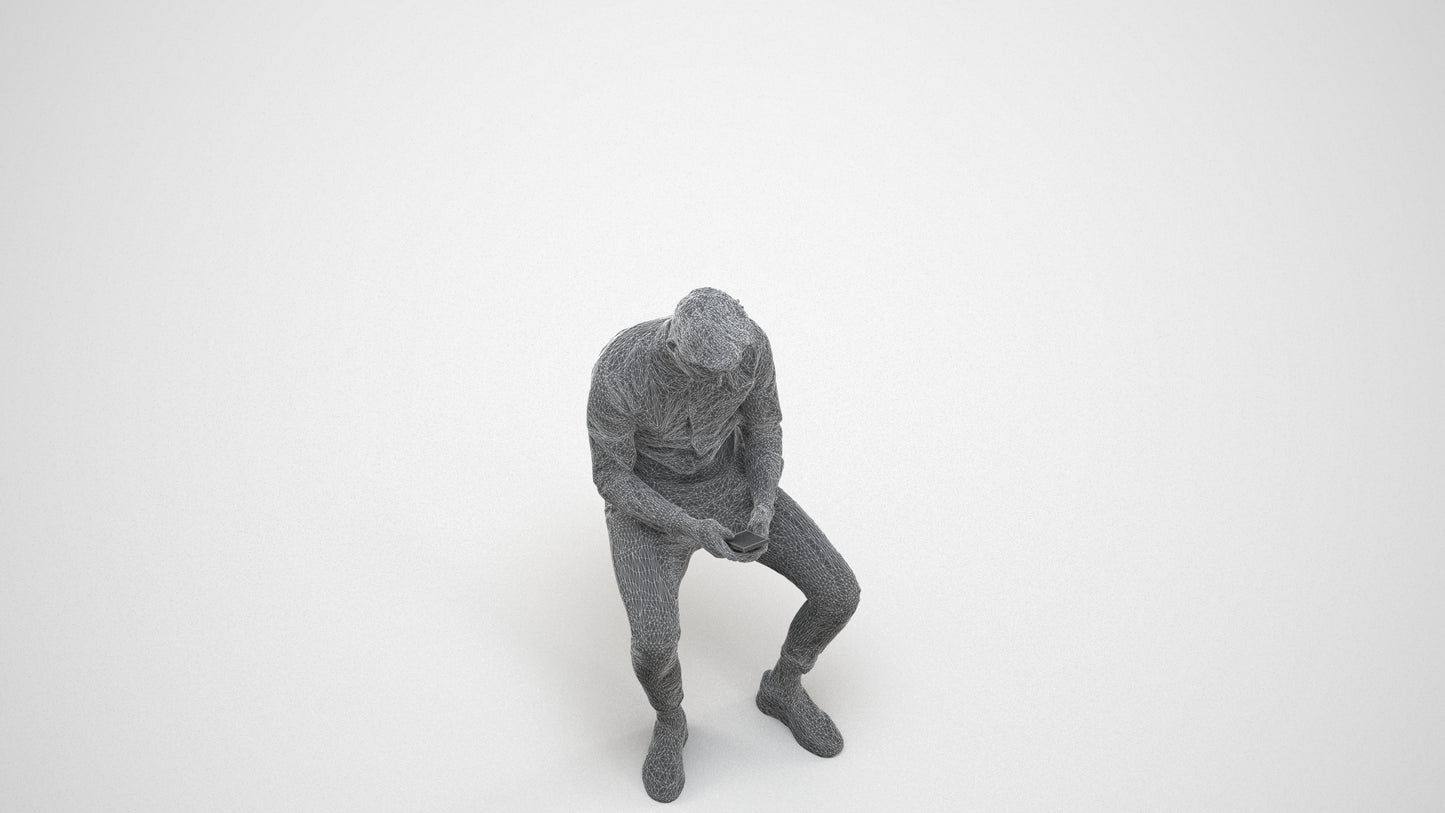 photogrammetry 3D man casual sitting, realistic human model archviz FBX, wireframe three-quarter view