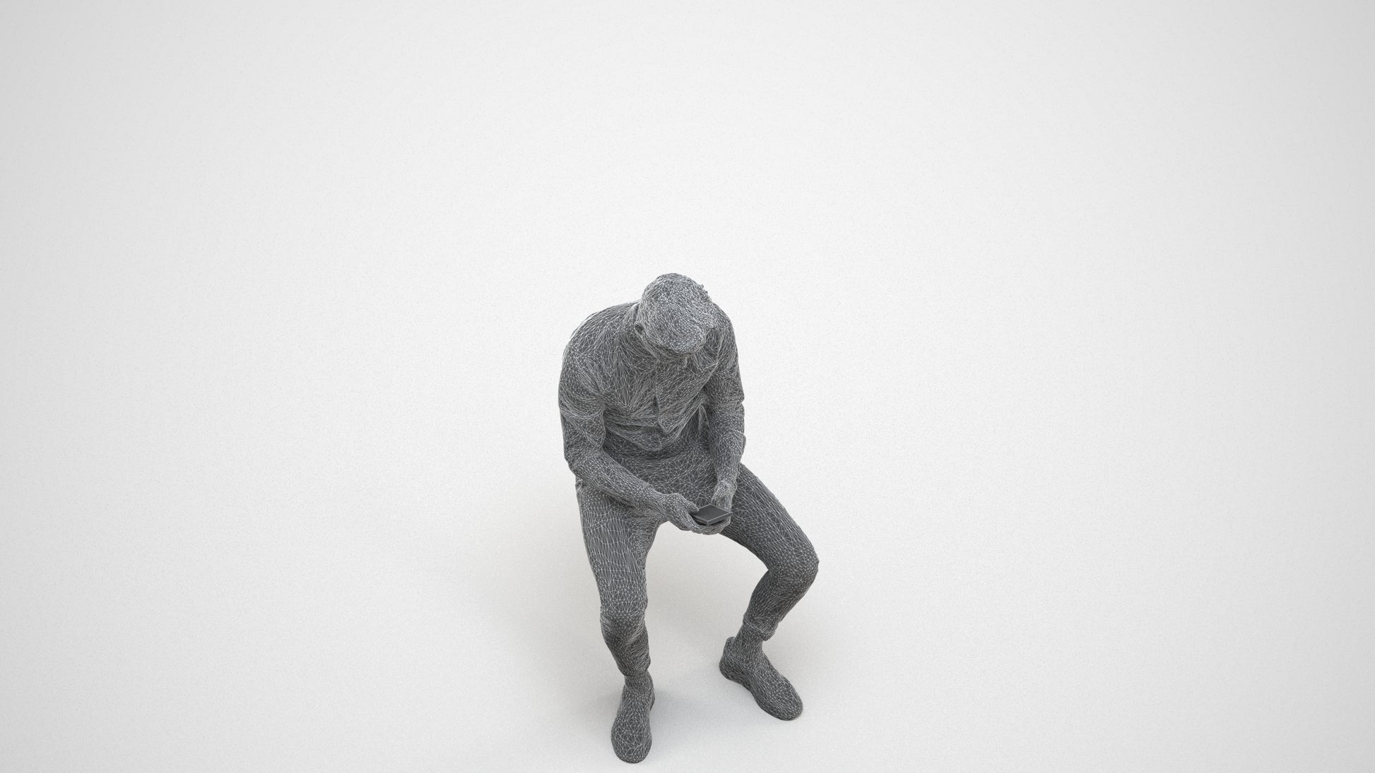 photogrammetry 3D man casual sitting, realistic human model archviz FBX, wireframe three-quarter view