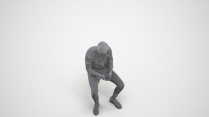 photogrammetry 3D man casual sitting, realistic human model archviz FBX, wireframe three-quarter view