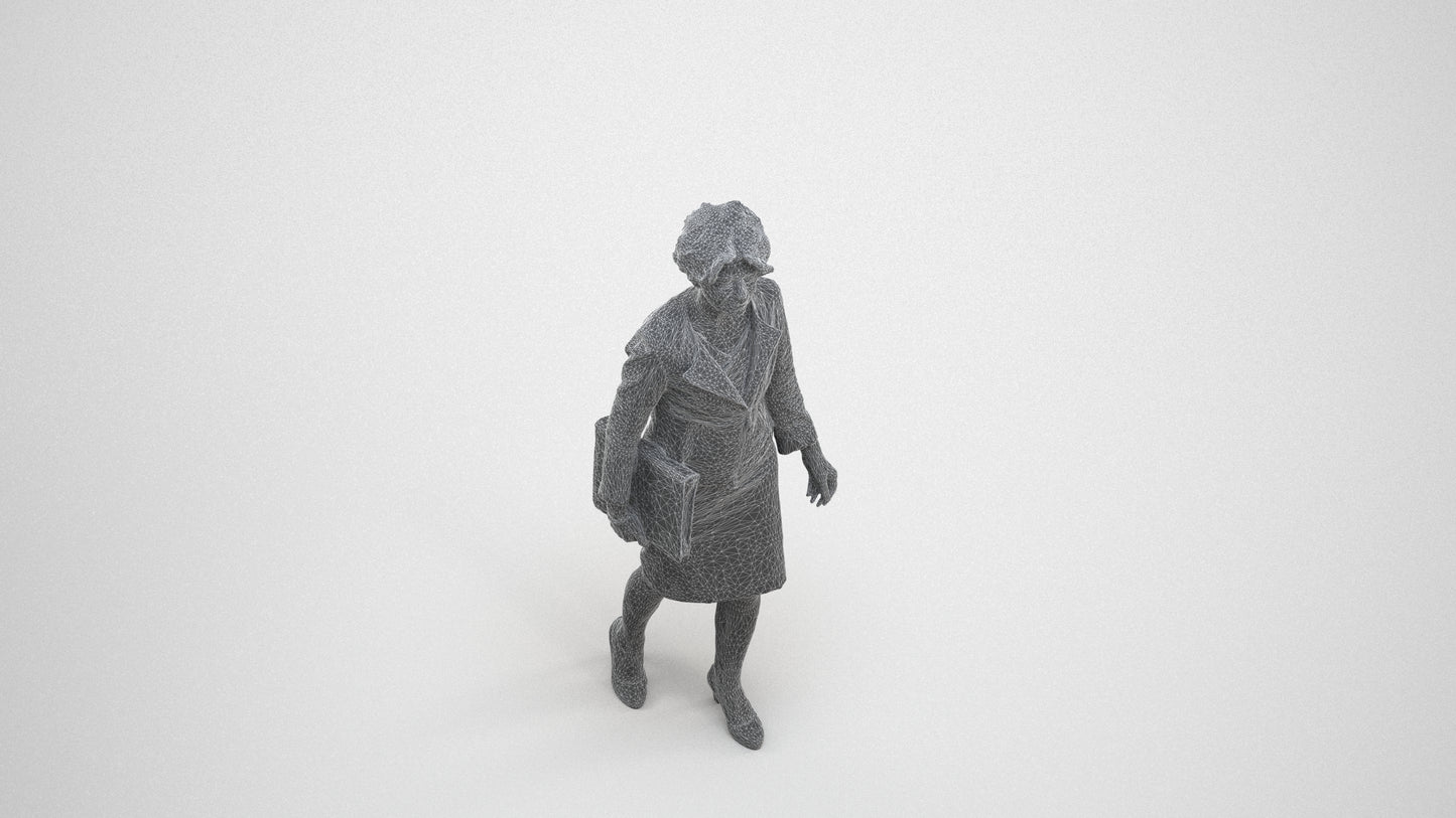 3D scanned woman walking business, photorealistic archviz people for Enscape and SketchUp, wireframe three-quarter view