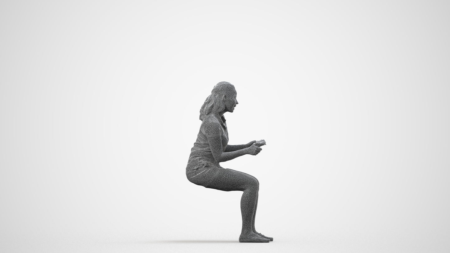 realistic 3D human woman casual sitting, archviz people FBX OBJ for Blender, wireframe side view