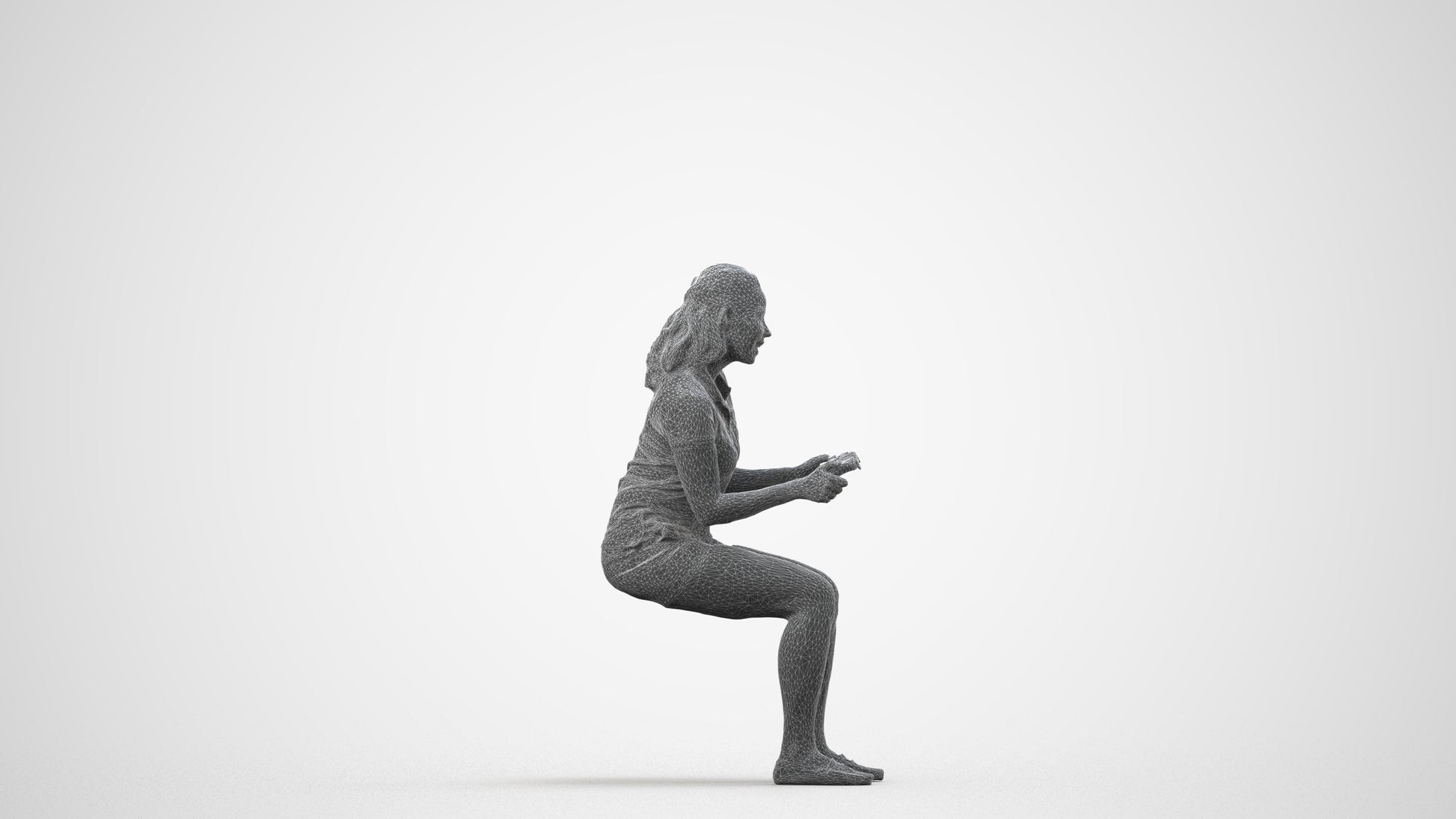 realistic 3D human woman casual sitting, archviz people FBX OBJ for Blender, wireframe side view