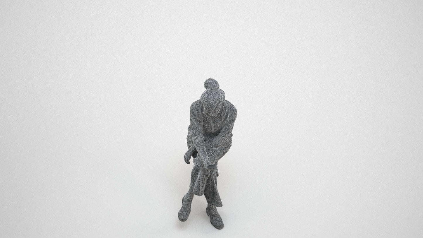 photogrammetry 3D woman casual sitting, realistic human model archviz FBX, wireframe three-quarter view